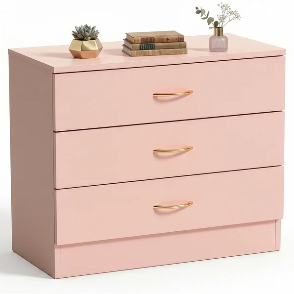 3-Drawer Chest with Faux Rose Gold Handles Drawer Dresser 25.98*12.99*22.05in Pink view 3