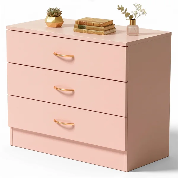 3-Drawer Chest with Faux Rose Gold Handles Drawer Dresser 25.98*12.99*22.05in Pink view 4