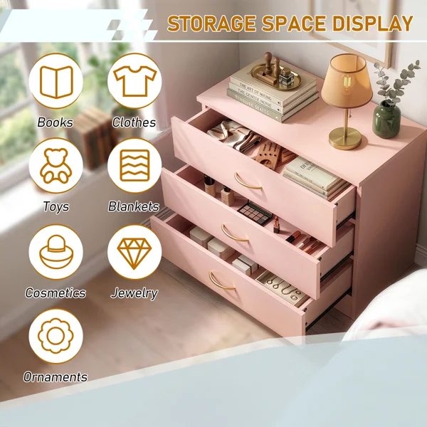 3-Drawer Chest with Faux Rose Gold Handles Drawer Dresser 25.98*12.99*22.05in Pink view 6