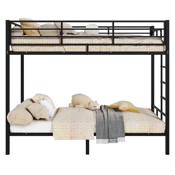Black Twin Bunk Bed Square Tube High Guardrail Side Ladder Opening Iron Bed view 5
