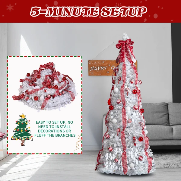 6 FT Fully Decorated Pre-lit Christmas Tree, Pop Up Artificial Xmas Tree with 100 Warm Lights and Red Ornaments for Home Office Store Holiday Deco, White view 2