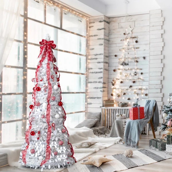 6 FT Fully Decorated Pre-lit Christmas Tree, Pop Up Artificial Xmas Tree with 100 Warm Lights and Red Ornaments for Home Office Store Holiday Deco, White view 4