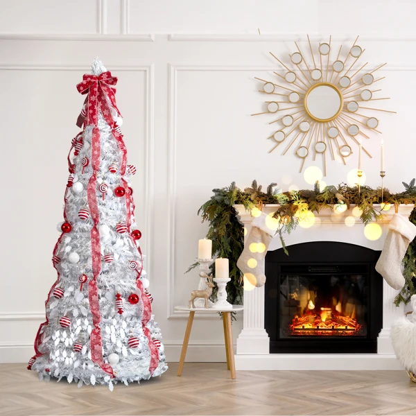 6 FT Fully Decorated Pre-lit Christmas Tree, Pop Up Artificial Xmas Tree with 100 Warm Lights and Red Ornaments for Home Office Store Holiday Deco, White view 6
