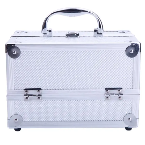 SM-2176 Aluminum Makeup Train Case Jewelry Box Cosmetic Organizer with Mirror 9"x6"x6" Silver view 5