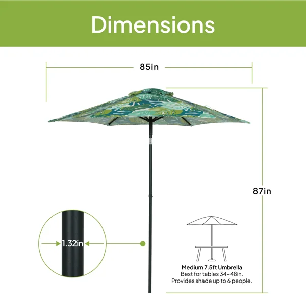 Outdoor 7.5' Palm Print Round Market Patio Umbrella, Push-up, 3-Angle Tilt view 2