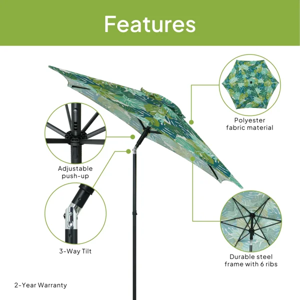 Outdoor 7.5' Palm Print Round Market Patio Umbrella, Push-up, 3-Angle Tilt view 3