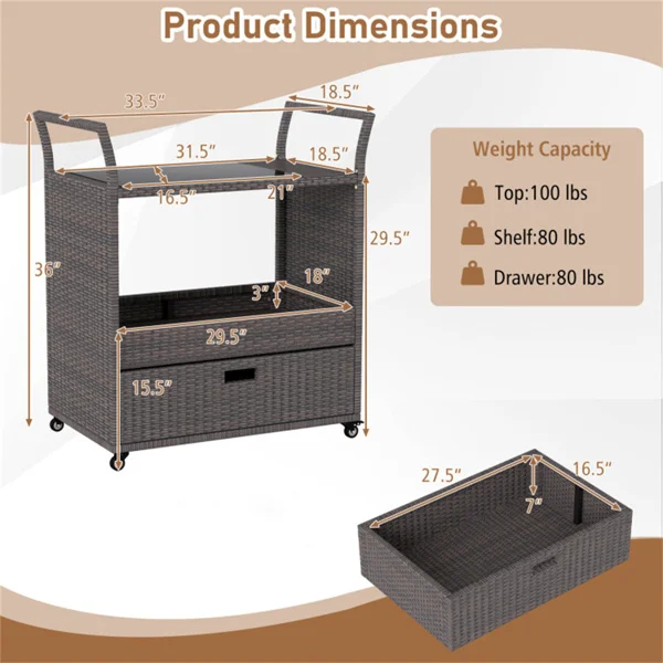 Handwoven PE Rattan Outdoor Bar Cart with Tempered Glass Top & Drawer, 4 Wheels with Brakes Serving Cart for Patio view 4