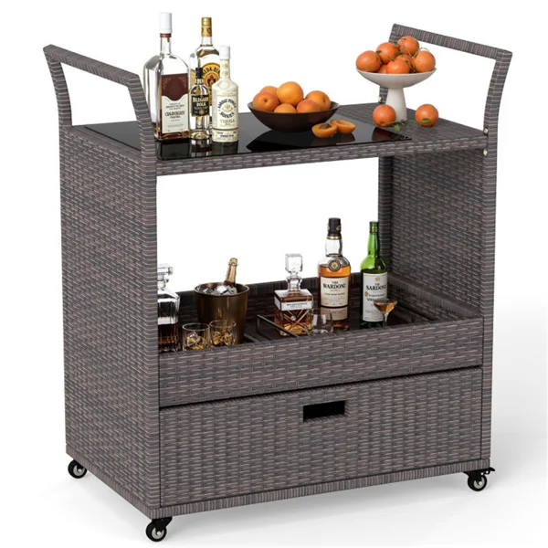 Handwoven PE Rattan Outdoor Bar Cart with Tempered Glass Top & Drawer, 4 Wheels with Brakes Serving Cart for Patio