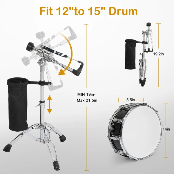 14 x 5.5in Snare Drum Set with Drumstick Holder, Snare Drum Bag, Strap, Mute Pad & Drum Stick for Beginner Student Black view 3