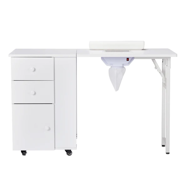 Foldable Manicure Table with Electric Dust Collector, Lockable Wheels, Wrist Cushion, Drawers & Cabinet for Beauty Salon, White view 3
