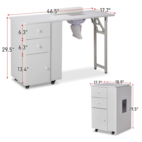 Foldable Manicure Table with Electric Dust Collector, Lockable Wheels, Wrist Cushion, Drawers & Cabinet for Beauty Salon, White view 5