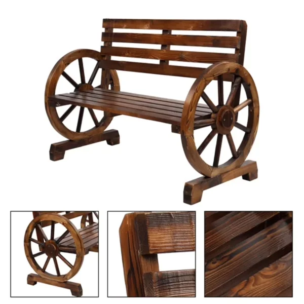 Rustic 2-Person Wooden Wagon Wheel Outdoor Bench, Solid Fir Wood, Dark Brown view 4