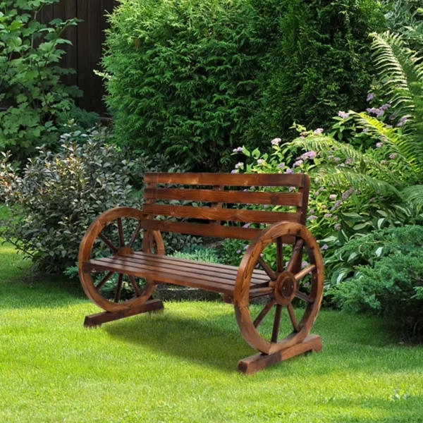 Rustic 2-Person Wooden Wagon Wheel Outdoor Bench, Solid Fir Wood, Dark Brown view 6