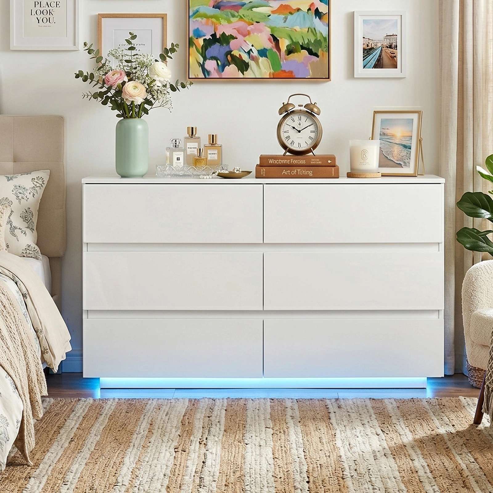 6-Drawer Handle-Free Cabinet with USB RGB LED Strip, High-Gloss White, 47.24x15.75x27.56in view 12