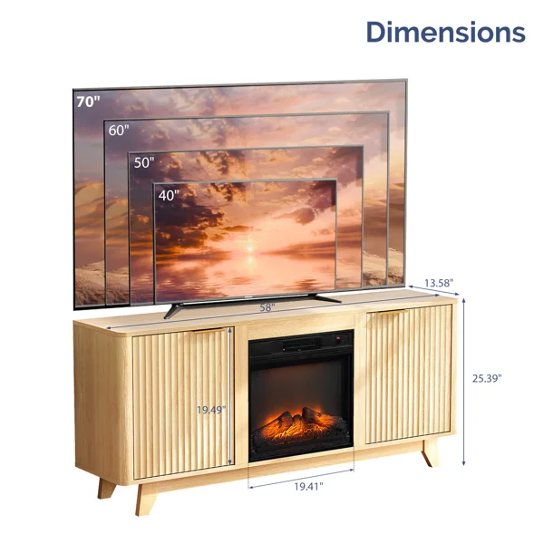 Oak Fireplace TV Stand with 18 Inch Insert, Double Grid Doors & Gold Handles, Embossed Board Media Console 58 x 13.6 x 25.4 Inch view 4