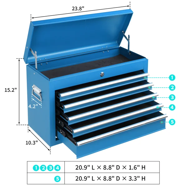 5-Drawer Lockable Steel Tool Chest, 330 lbs Capacity, Blue Heavy-Duty Tool Storage Cabinet with Drawer Liners & Lid Support for Workshop/Garage Maintenance view 6