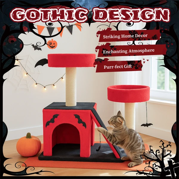 26" Gothic Cat Tree, Cat Tower with Spacious Cat Condo, 2 Padded Perches, Spider Toy, Scratching Posts, Scratching Ladder for Large Cats, Red & Black view 5