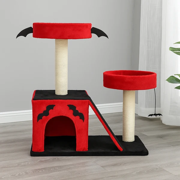 26" Gothic Cat Tree, Cat Tower with Spacious Cat Condo, 2 Padded Perches, Spider Toy, Scratching Posts, Scratching Ladder for Large Cats, Red & Black view 6