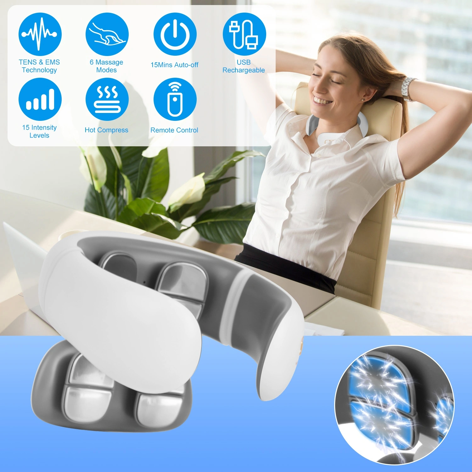 Portable Heated Neck Massager with Remote, TENS EMS 8 Heads, 6 Modes 20 Intensities, 15Min Auto Off, USB Rechargeable, Electric Pulse Neck Pain Relief