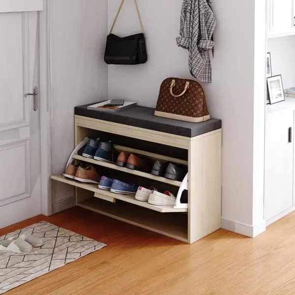 Rattan Shoe Rack, Hallway Shoe Bench, Shoe Cabinet with Flip-Drawer and Seat Cushion view 2