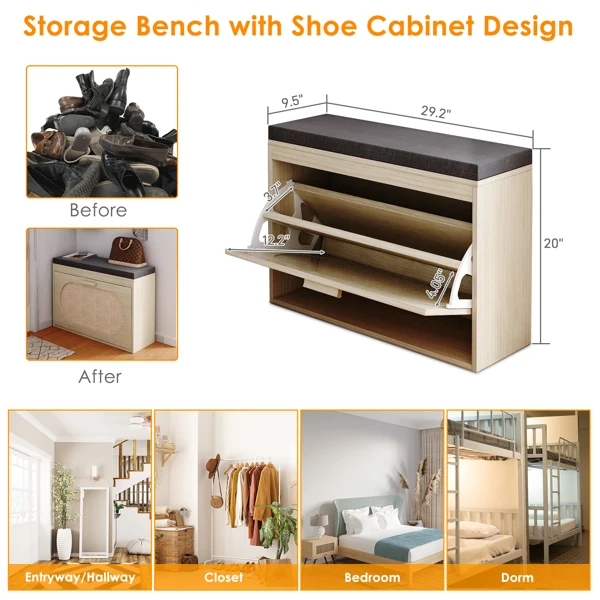 Rattan Shoe Rack, Hallway Shoe Bench, Shoe Cabinet with Flip-Drawer and Seat Cushion view 3