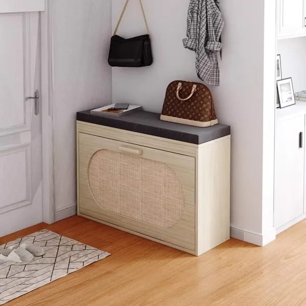Rattan Shoe Rack, Hallway Shoe Bench, Shoe Cabinet with Flip-Drawer and Seat Cushion view 4
