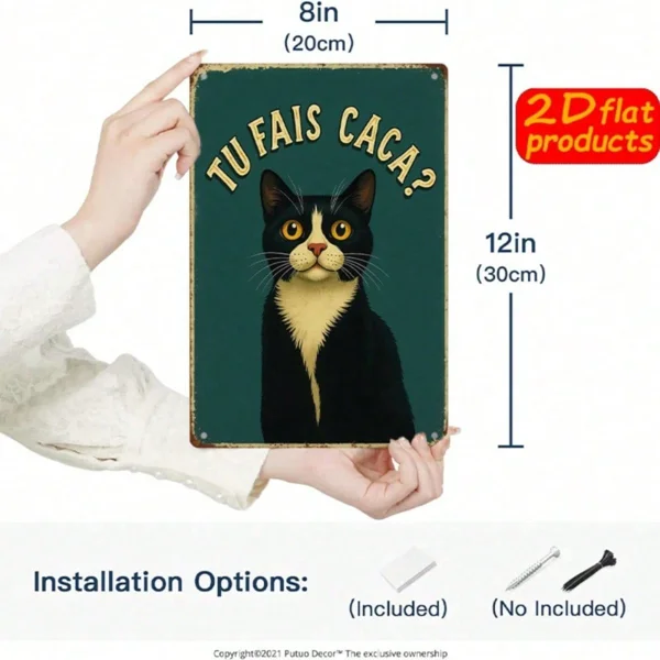CIFbuy Vintage Black Cat Metal Wall Sign, TU FAIS" CACA? French Text Funny Decor, Weatherproof Rustproof UV Resistant, 7.87x11.81 Inch 2 view 3
