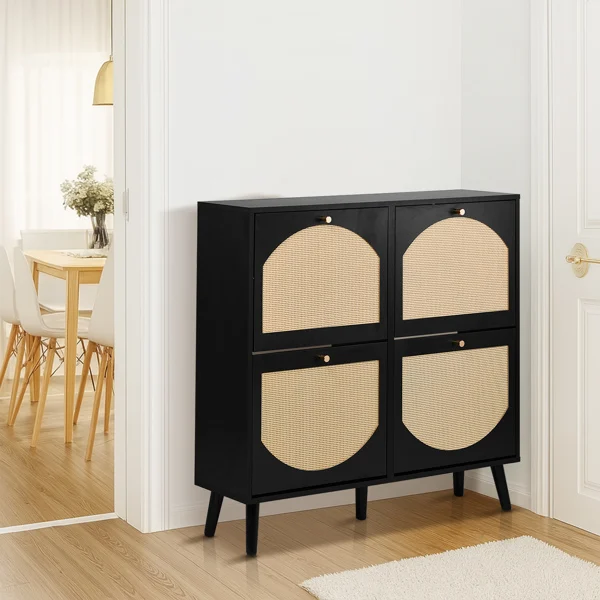 2 rows of 4 dump buckets with high-leg arched rattan shoe cabinet particle board + plastic rattan 105*24*98cm black frame + original wood rattan surface + black high-leg shoe cabinet view 4