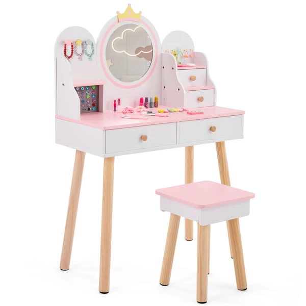White and pink crown element, MDF + particleboard + solid wood legs, painted and melamine laminated, 4-drawer children's dressing table set view 3