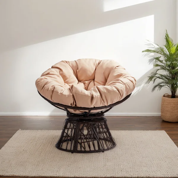 38" Ergonomic Swivel Wicker Papasan Chair with Thick Tufted Cushions, 360 Degree Rotatable Chairs for Living Room Bedroom Reading Room, Beige Cushion view 5