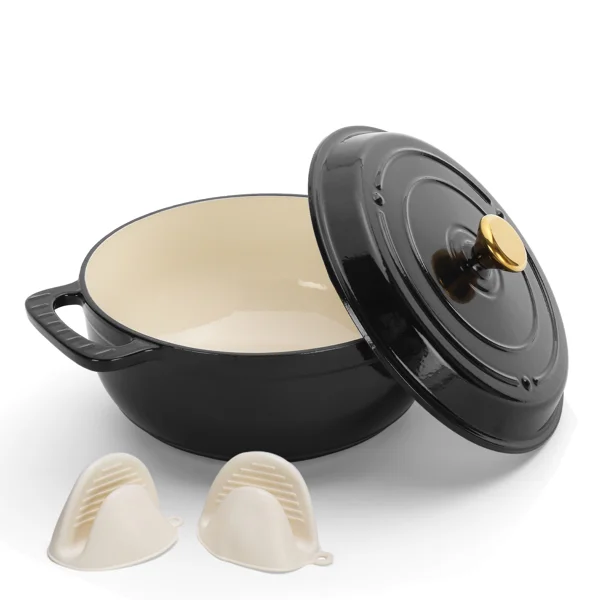 Cast iron 5QT cooking pot - Pure black - includes two silicone gloves - Enamel pot view 3