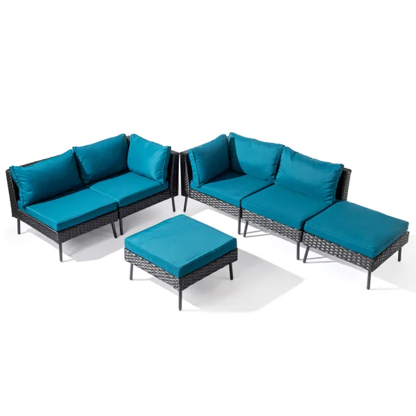 2 pcs armless sofa + 2 pcs corner sofa + 2 pcs footstool iron legs black rattan peacock green cushions woven rattan multi-piece set view 2