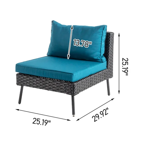 2 pcs armless sofa + 2 pcs corner sofa + 2 pcs footstool iron legs black rattan peacock green cushions woven rattan multi-piece set view 3