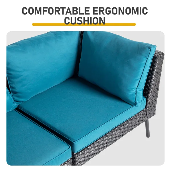 2 pcs armless sofa + 2 pcs corner sofa + 2 pcs footstool iron legs black rattan peacock green cushions woven rattan multi-piece set view 4