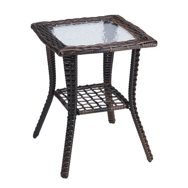 Outdoor Wicker Side Table, Rattan End Table with Glass Top, Patio Coffee Bistro Table for Indoor Garden Porch Balcony, Brown view 2