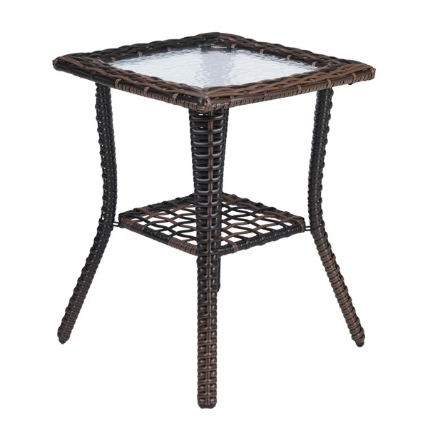 Outdoor Wicker Side Table, Rattan End Table with Glass Top, Patio Coffee Bistro Table for Indoor Garden Porch Balcony, Brown view 4