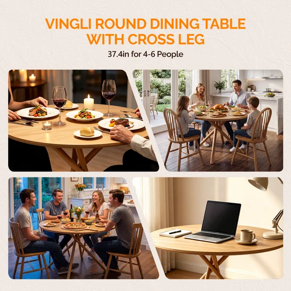 37.4 Inch Round Dining Table for 4-6 People, Cross X Metal Leg Kitchen Dinner Table with Adjustable Foot Pads, Easy Assembly Small Space Dining Room Table, Natural Wood Tone view 4