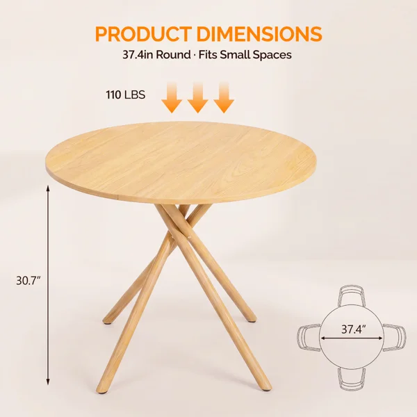 37.4 Inch Round Dining Table for 4-6 People, Cross X Metal Leg Kitchen Dinner Table with Adjustable Foot Pads, Easy Assembly Small Space Dining Room Table, Natural Wood Tone view 5
