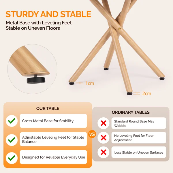 37.4 Inch Round Dining Table for 4-6 People, Cross X Metal Leg Kitchen Dinner Table with Adjustable Foot Pads, Easy Assembly Small Space Dining Room Table, Natural Wood Tone view 6
