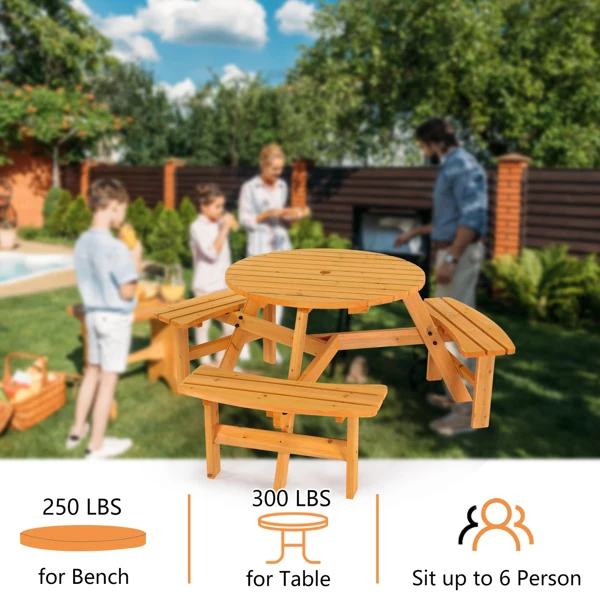 6-Person Outdoor Circular Wooden Picnic Table with 3 Built-In Benches, Outside Table and Bench Set for Porch Backyard Patio Lawn Garden view 2