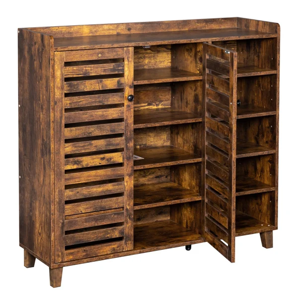 Shoe cabinet with 2 doors, 5 open compartments, and a tabletop with a back panel; made of MDF; 116*35.5*107cm; weathered wood color view 3