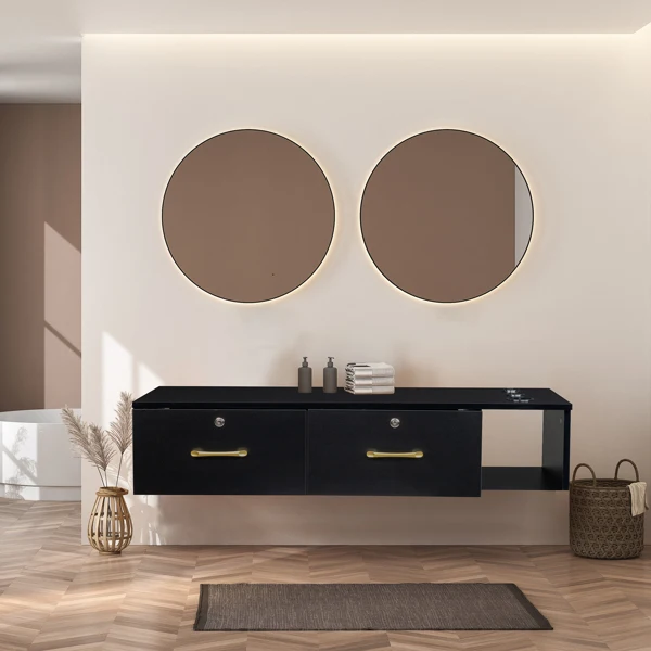 15cm E0 particleboard with hemp surface, two draws and three holes with lock, salon cabinet, black view 2