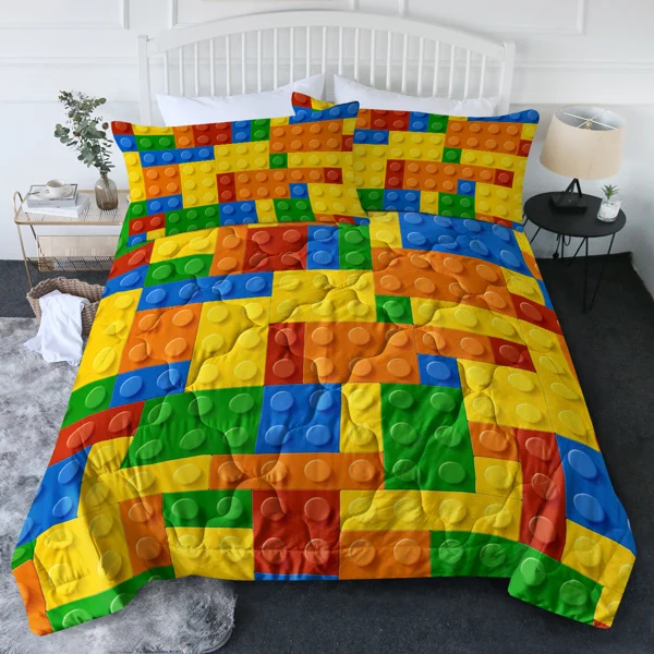 3pcs Funny Dot Building Blocks Comforter Set Colorful Bricks Thin Bedding Duvet Game Summer Quilt Set Full Size view 2