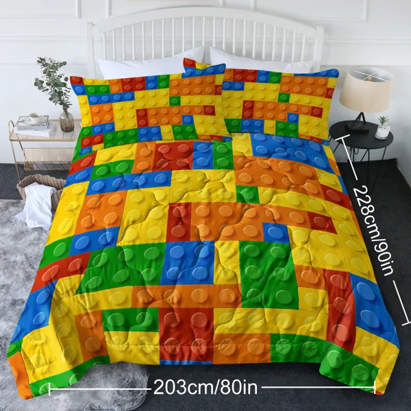 3pcs Funny Dot Building Blocks Comforter Set Colorful Bricks Thin Bedding Duvet Game Summer Quilt Set Full Size view 3