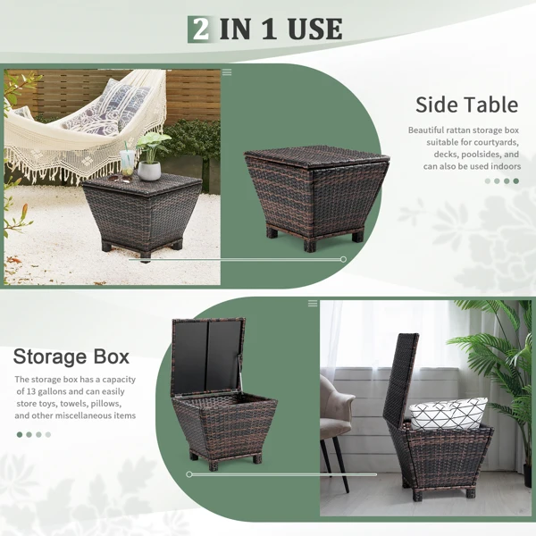 Outdoor PE Wicker Side Table with Storage, Small Patio Storage Bin Container for Hose Cushion Towel, Brown view 2