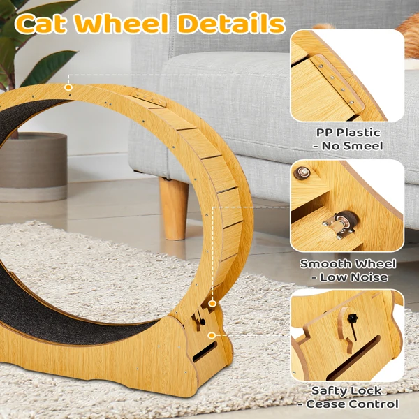 Cat Wheel Exerciser for Indoor Cats, 43.3-inch Large Cat Exercise Wheel for Running Silent, Cat Treadmill with Safety Lock for Cat's Fitness and Health, Natural Wood view 4