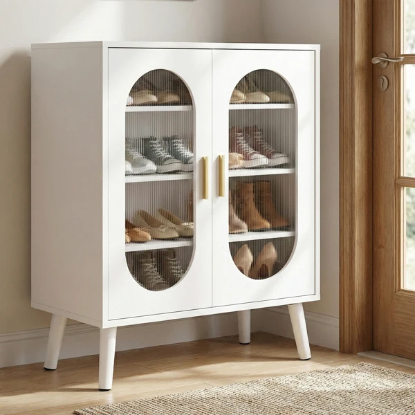 Two-door, polycarbonate sheet shoe cabinet with four internal layers, USB LED strip, and 24 adjustable buttons. Made of particleboard and polycarbonate sheet. Dimensions: 68*40*83.5 cm. White view 5