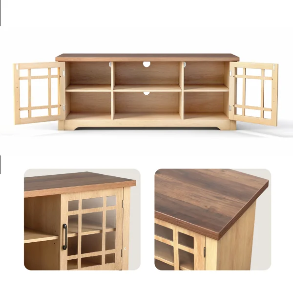 57.87 Inch TV Stand with Deep Brown Top & Natural Wood Cabinet - Double Glass Door Media Console, Laminate Particle Board Entertainment Center for TVs Up to 65 Inches view 2