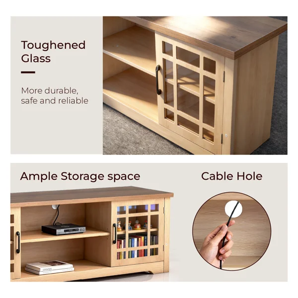 57.87 Inch TV Stand with Deep Brown Top & Natural Wood Cabinet - Double Glass Door Media Console, Laminate Particle Board Entertainment Center for TVs Up to 65 Inches view 4