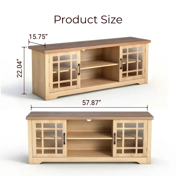 57.87 Inch TV Stand with Deep Brown Top & Natural Wood Cabinet - Double Glass Door Media Console, Laminate Particle Board Entertainment Center for TVs Up to 65 Inches view 5